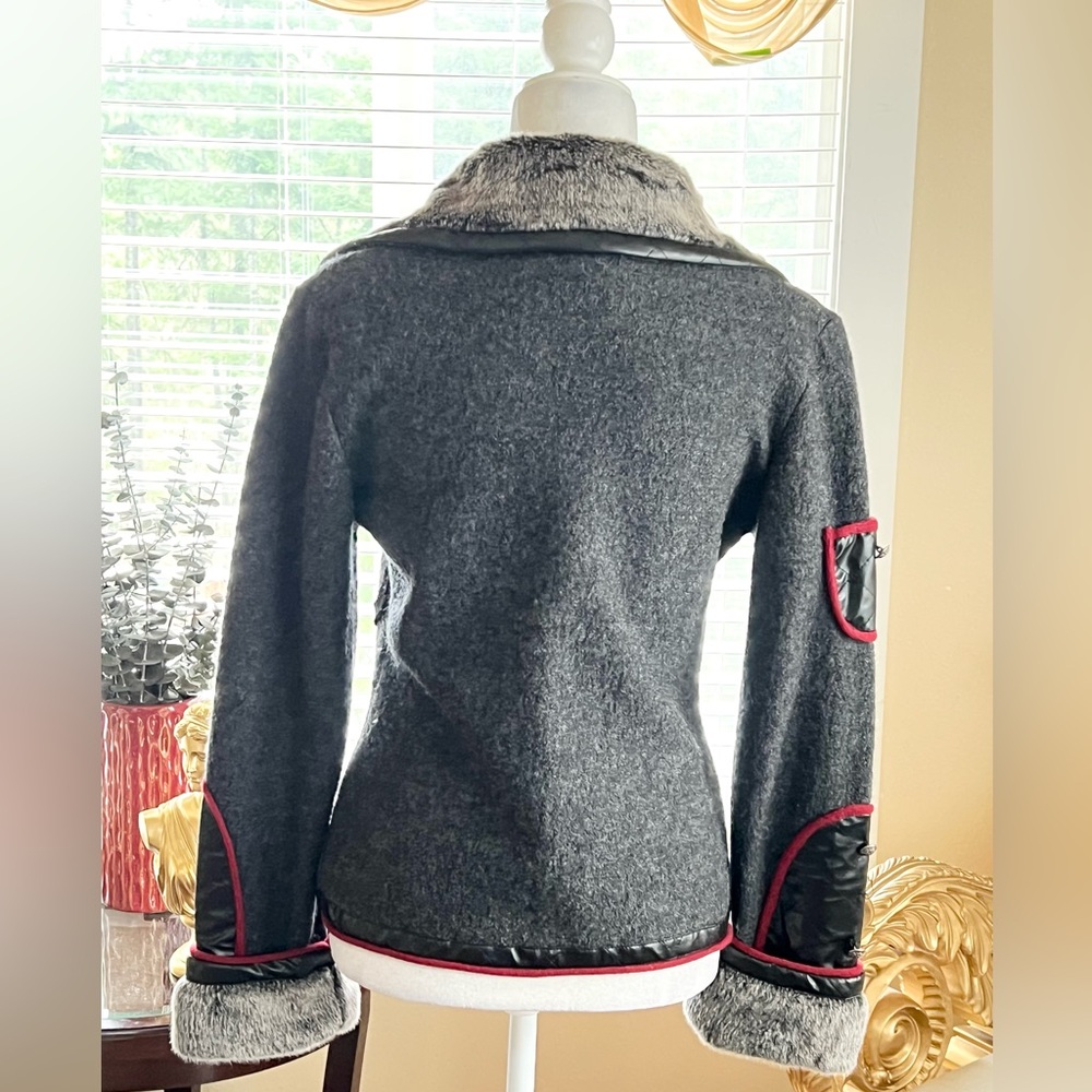 Cove Dark Gray Wool Utility Jacket with Red Trim & Flower Accent - Picture 4 of 5